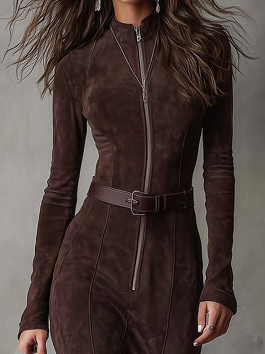 Vintage Brown Zipper Belted Maxi Dress