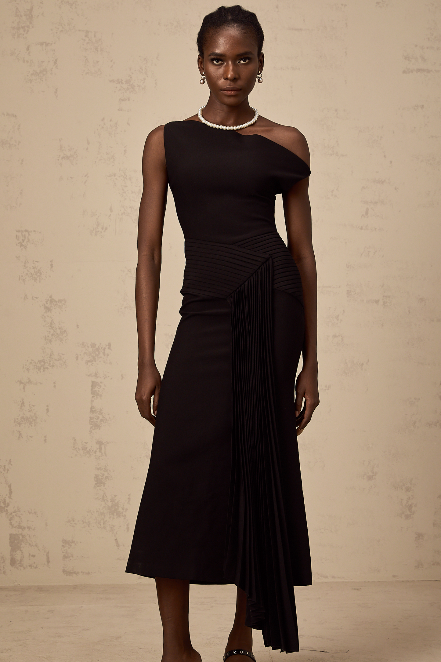 Laurine asymmetrical draped midi dress in Black