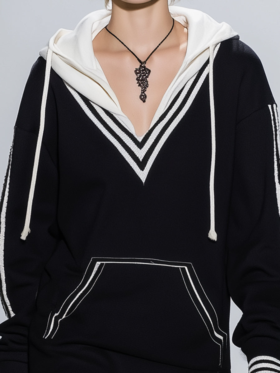 Black Splicing White Hooded Tassel Sweatshirt Mini Dress