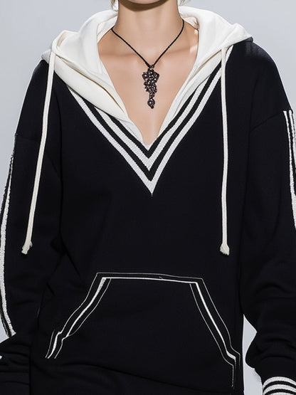 Black Splicing White Hooded Tassel Sweatshirt Mini Dress