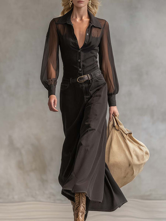 Vintage Western Front Button V-Neck Transparent Long Sleeve Black Denim Maxi Dress