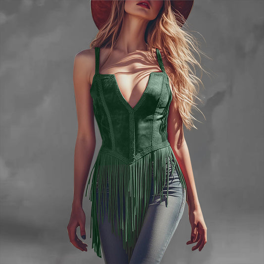 Western Suede V Neck Sleeveless Fringe Hem Corset Top
