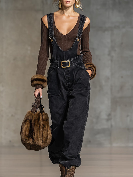 Vintage Casual Workwear Western Black Denim Overalls