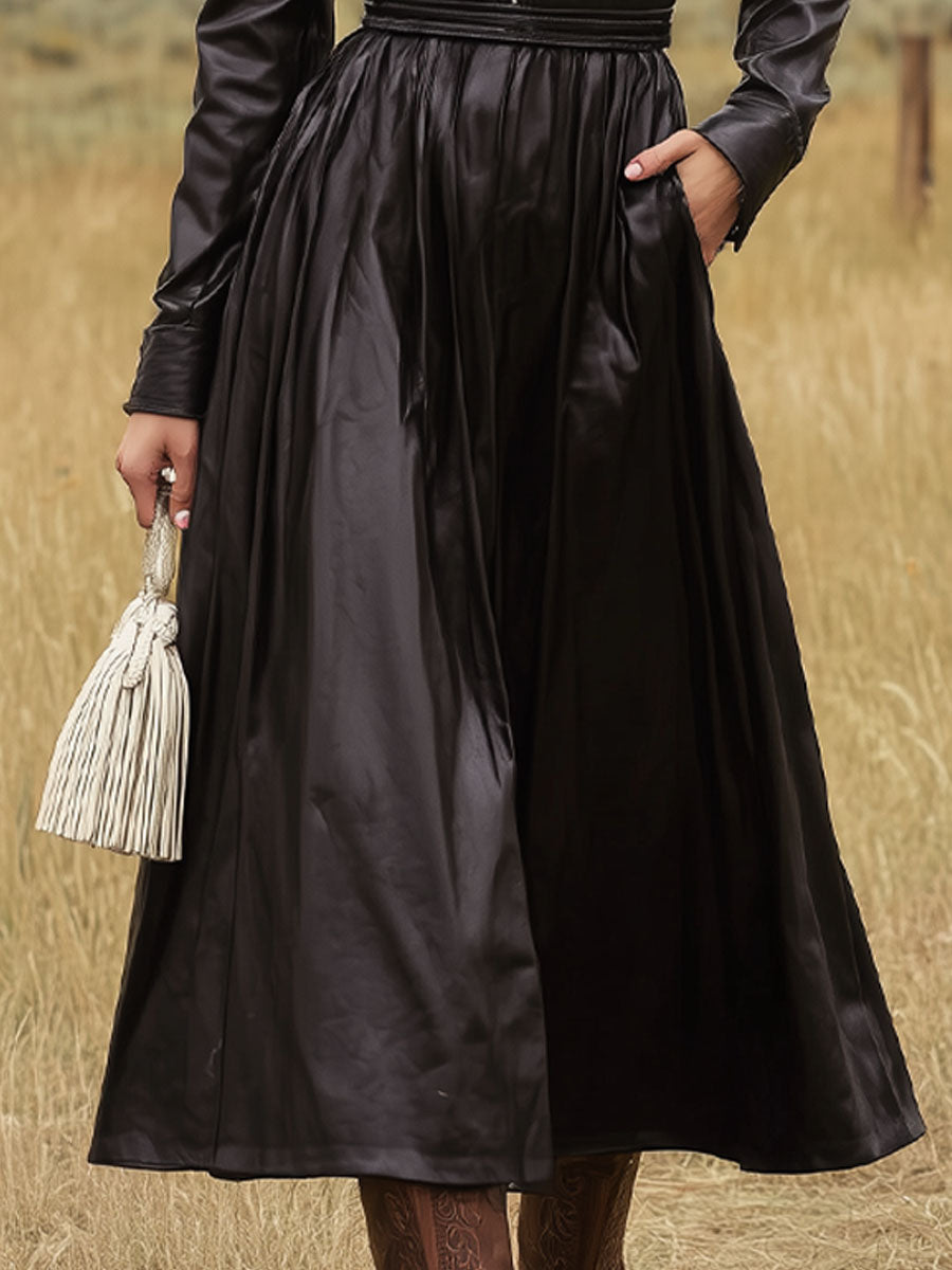 Black Faux Leather Tassel A-line Midi Dress