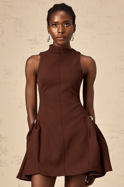 Dora brown asymmetrical-neck puff mini dress