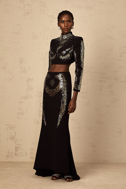 Mahault Black Sequin Embellished Top & Skirt Set