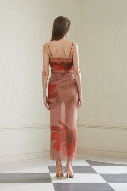 Églantine Brown Floral Print Mesh Maxi Dress