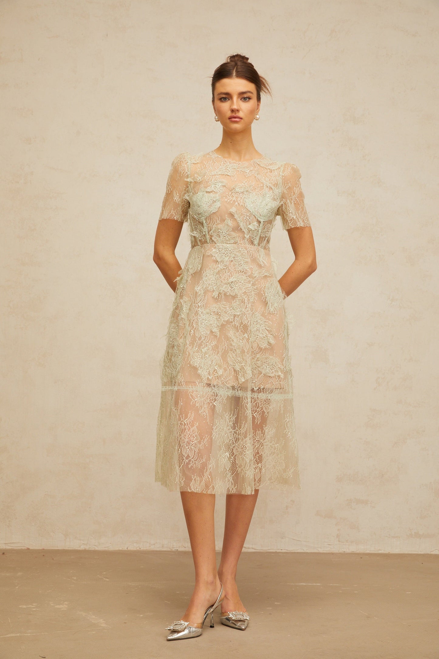 Xaviera mint-green floral-lace midi dress