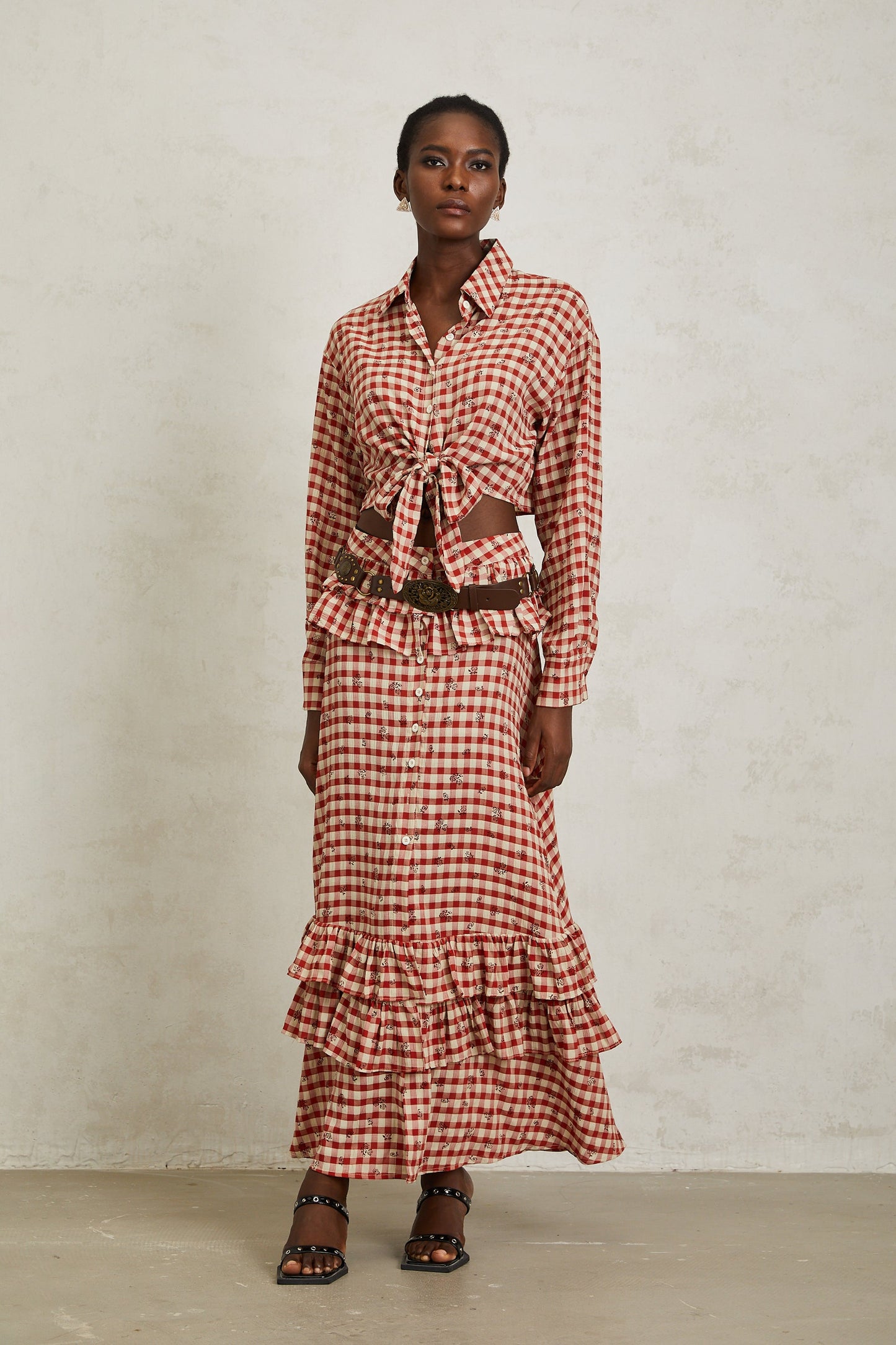 Céline Red Rose Print Plaid Shirt & Skirt Set
