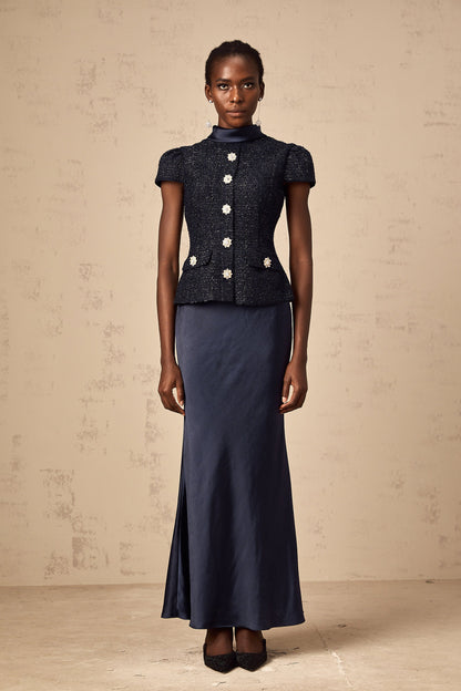 Josette blue peplum-waist panelled maxi dress