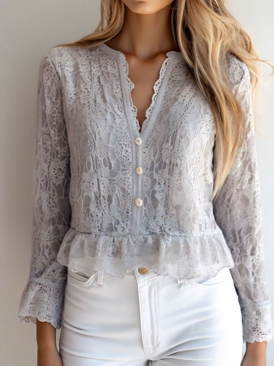 (clearance)Stylish V-neck Button Down Long Sleeve Lace Shirt