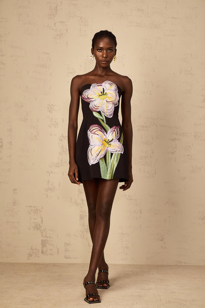 Irène Black Off-Shoulder Sequin Floral Embroidered Mini Dress
