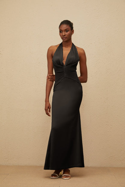 Colette Black Halterneck Ruched Satin Gown