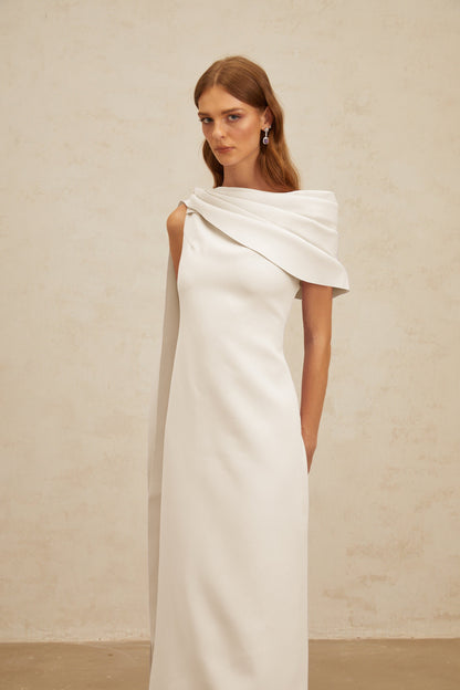 Annabelle White Cape-Design Ribbon Maxi Dress