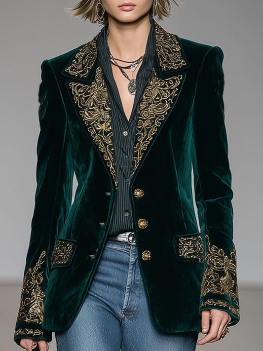 Casual Retro Gold Thread Ethnic Embroidery Dark Green Velvet Blazer