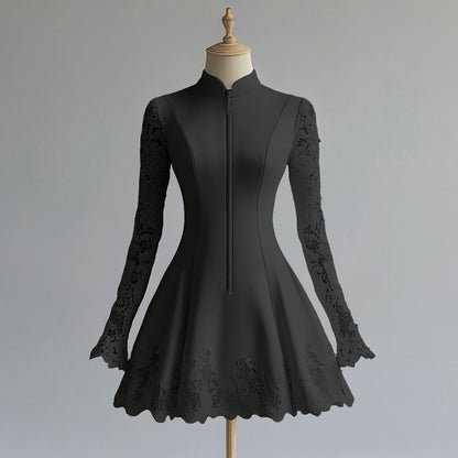 Ursime Stand Collar Lace Patchwork Long Sleeve Zipper Mini Dress
