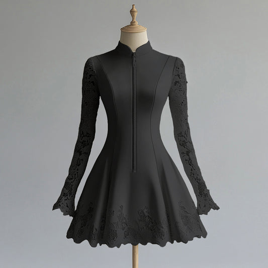 Ursime Stand Collar Lace Patchwork Long Sleeve Zipper Mini Dress