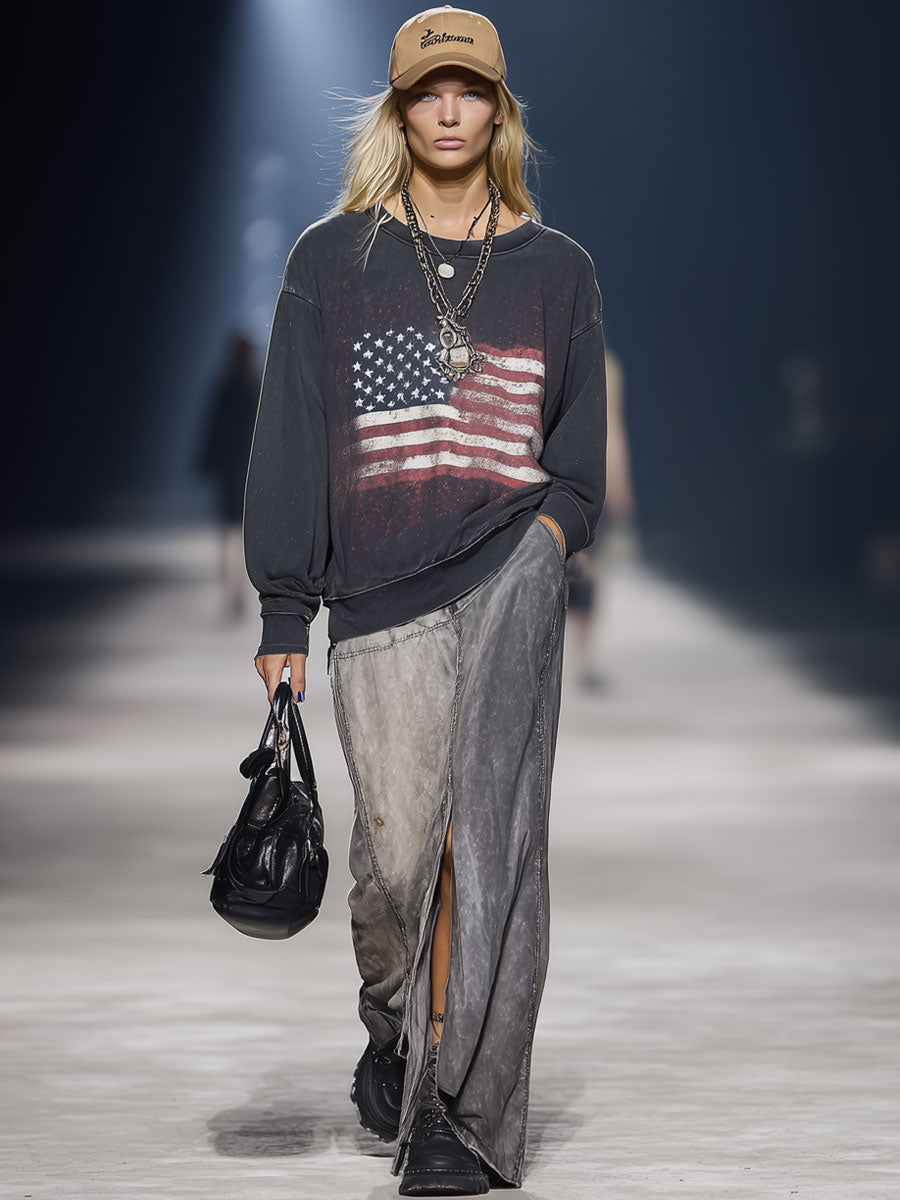 Casual Retro American Flag Print Dark Grey Long-Sleeved Sweatshirt
