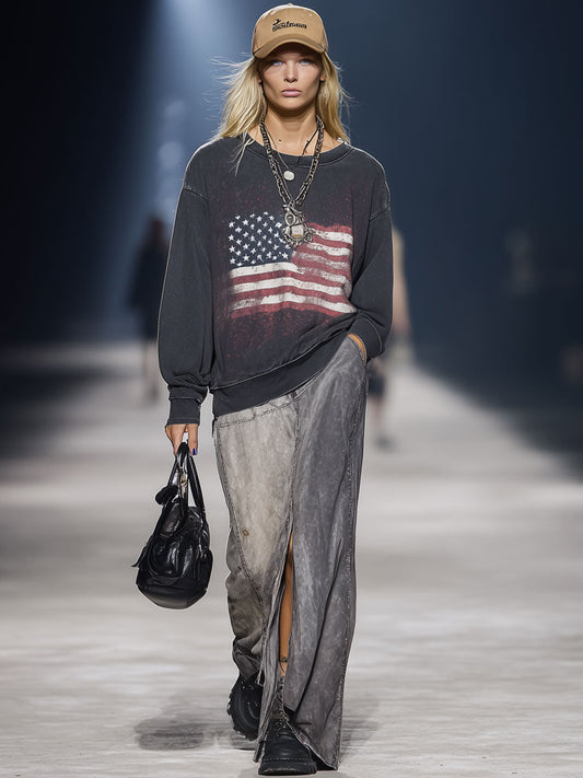 Casual Retro American Flag Print Dark Grey Long-Sleeved Sweatshirt