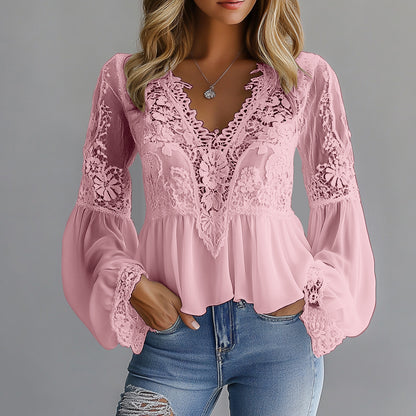 Ursime Lace Floral Hollow Out V Neck Lantern Sleeve Blouse