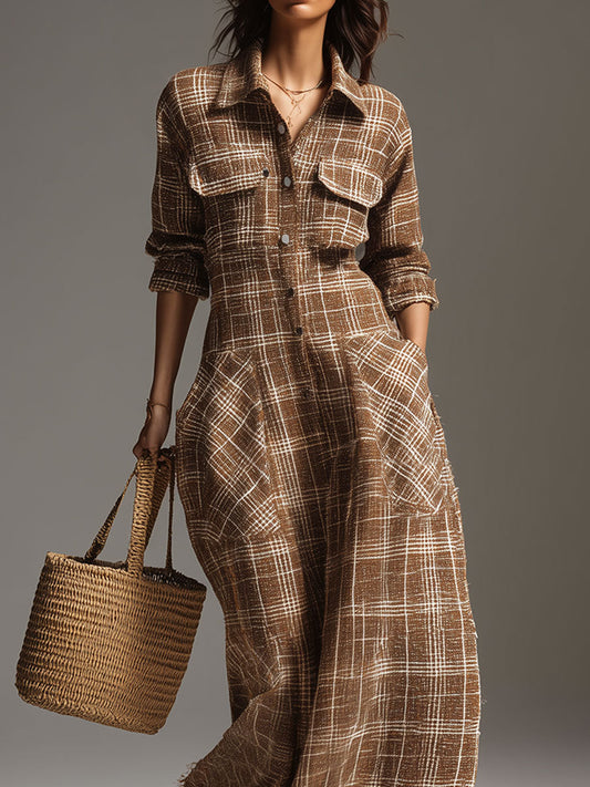 Retro Plaid Shirt Collar Patch Pocket Maxi Dress