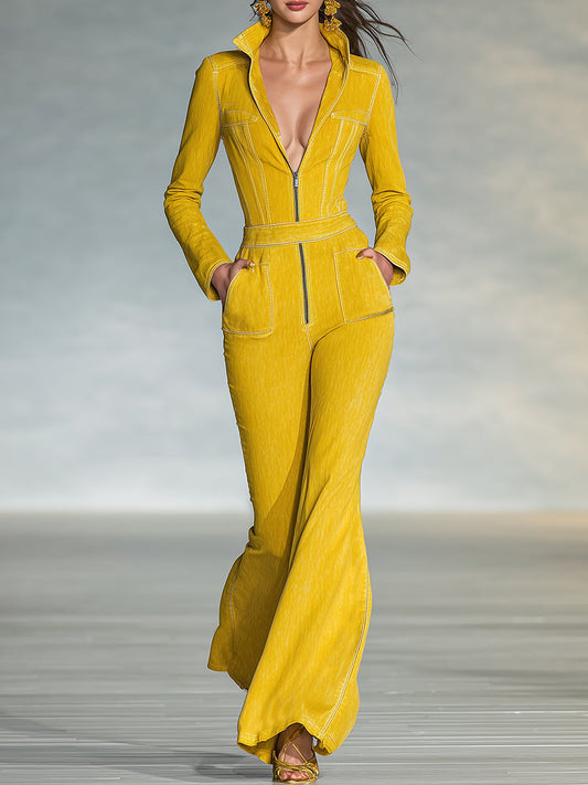 Fashionable And Elegant Zipper Yellow Long-sleeved Flared Jumpsuit