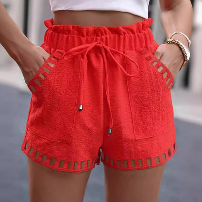 Casual Cotton And Linen Hollow Out Pocket Drawstring Shorts