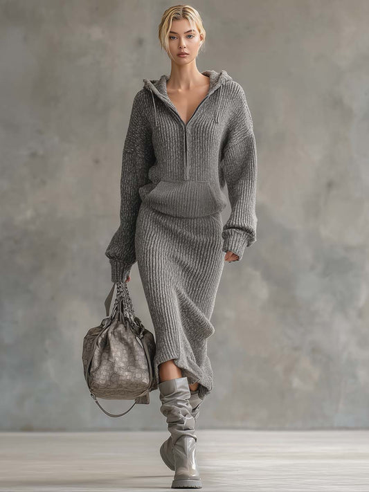 Casual And Comfortable Loose Grey Knitted Front Zip Hoodie And Maxi Skirt Set