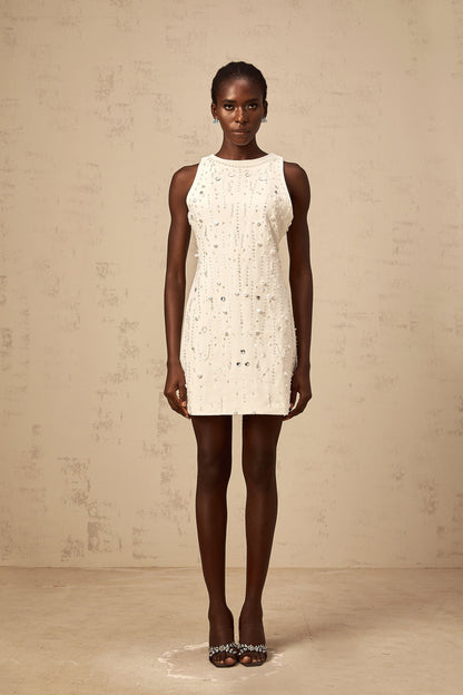 Flavie white A-line embellished mini dress
