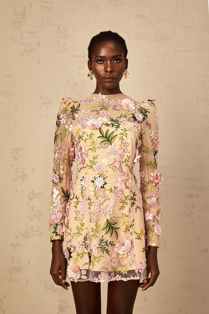 Jolien 3D Floral Appliqué Mini Dress in Pink