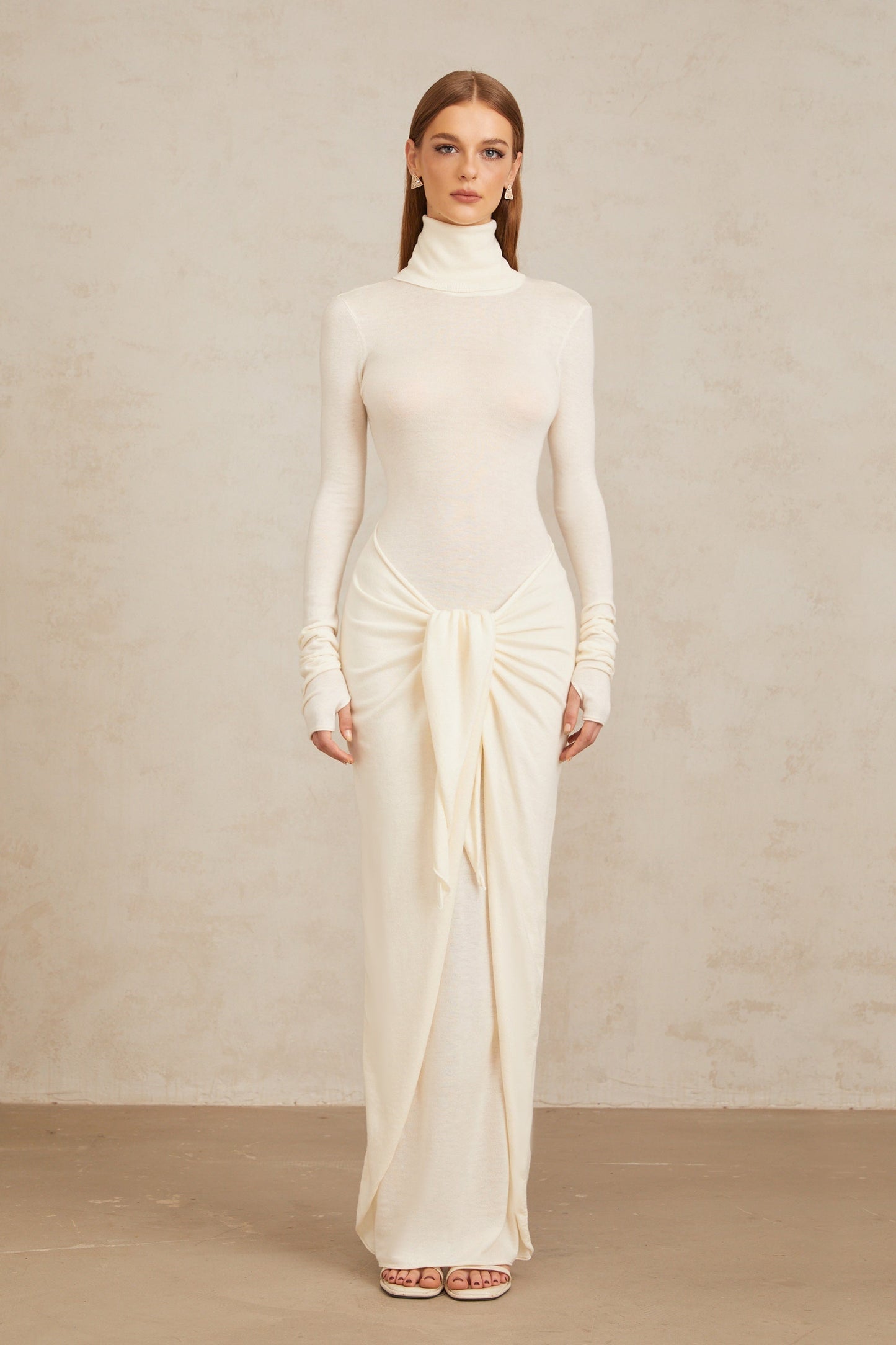 Impériale White Ruched Turtleneck Maxi Dress