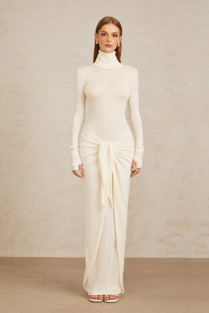 Impériale White Ruched Turtleneck Maxi Dress