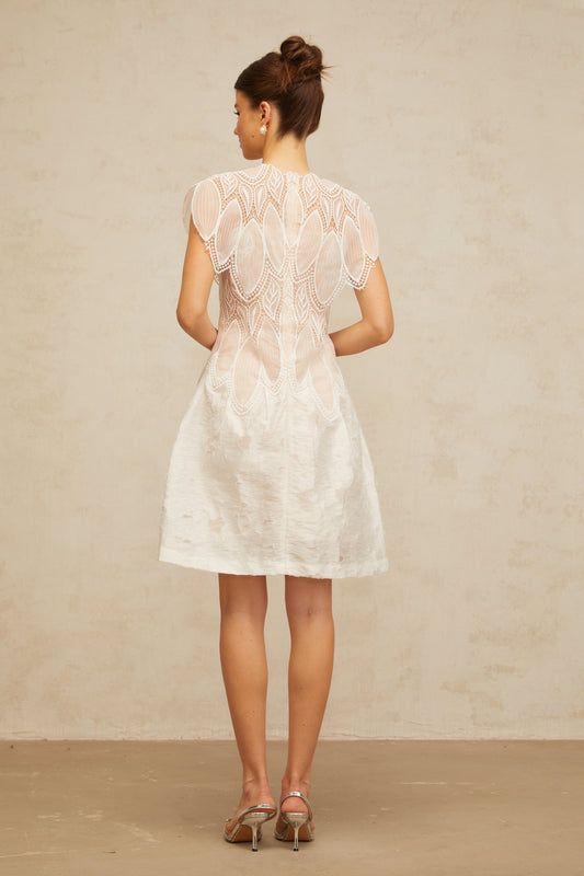 Clémence white 3D-petal corded-lace mini dress