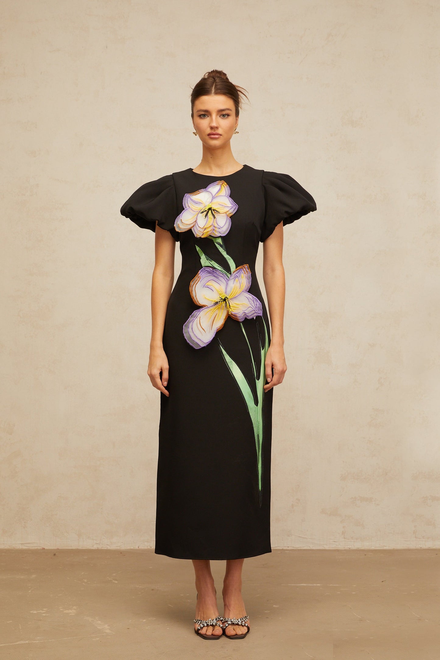 Irène sequined floral-embroidered midi dress in Black