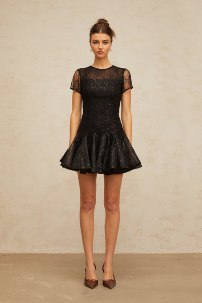 Lara black sequin-embellished flared mini dress
