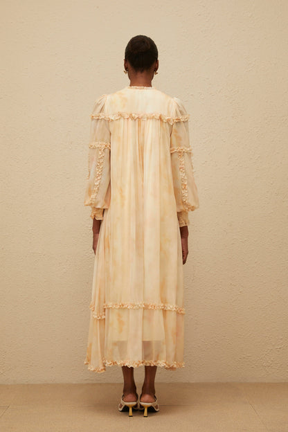 Lecollet Beige Ruffled Tie-Dye Midi Dress