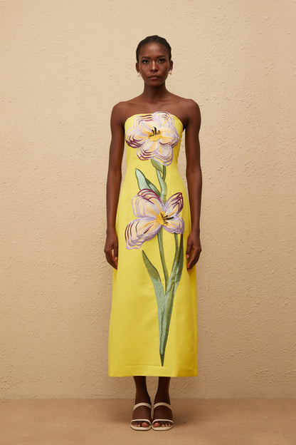 Irène Sequin Embroidered Off-Shoulder Midi Dress in Yellow