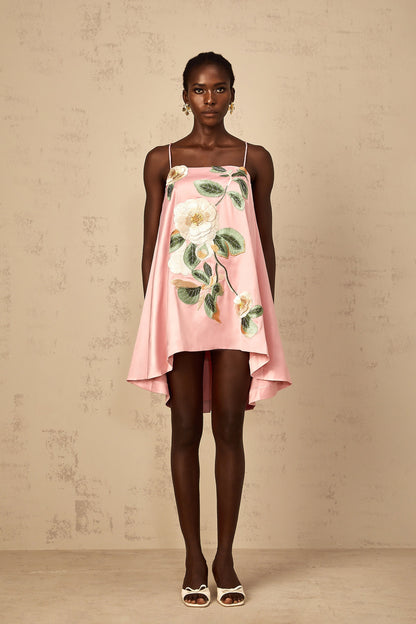 Avril Pink Floral Embroidered Satin Mini Dress