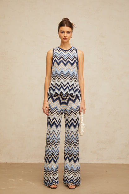 Irina blue zigzag-woven pointelle-knit top & trousers matching set