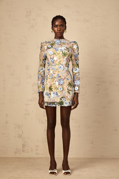 Jolien Blue Floral Appliqué Embroidered Tulle Mini Dress