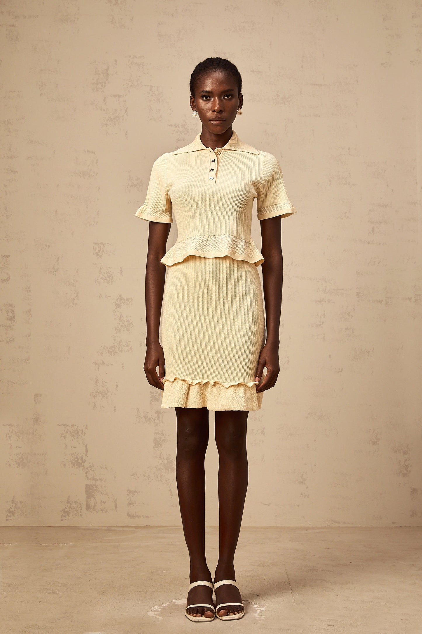 Reine yellow ruffled ribbed-knit top & skirt matching set