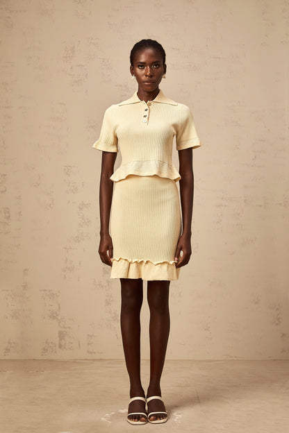 Reine yellow ruffled ribbed-knit top & skirt matching set