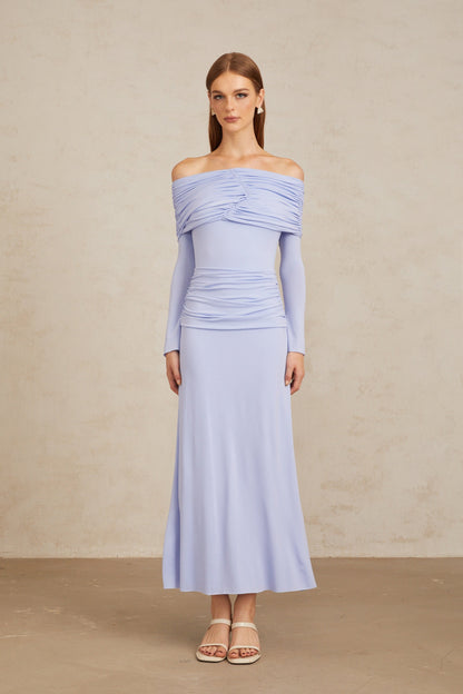 Katia Light Blue Off-Shoulder Ruched Maxi Dress