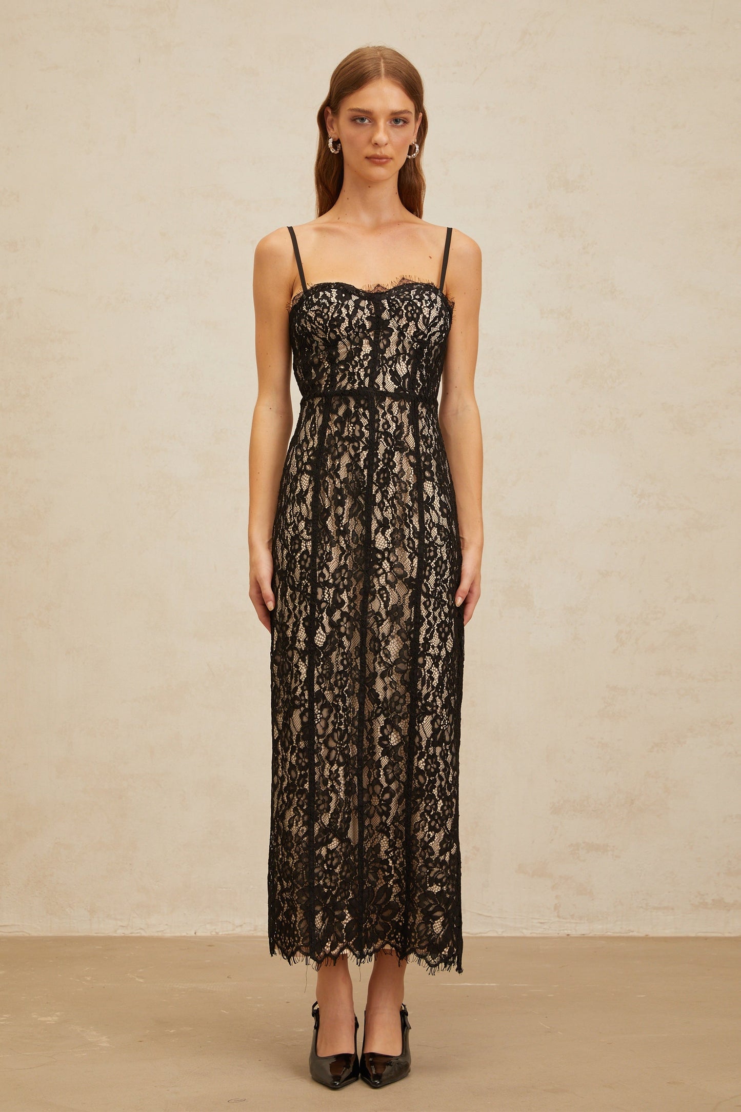 Fleur Black Floral Lace Bustier Maxi Dress