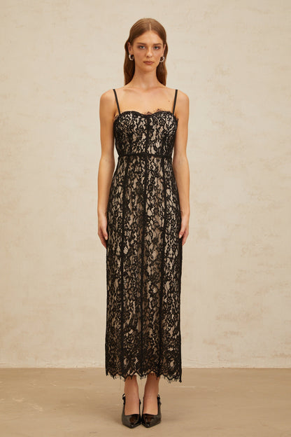 Fleur Black Floral Lace Bustier Maxi Dress