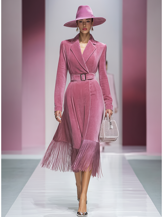 Elegant Lapel Tassel Velvet Midi Dress