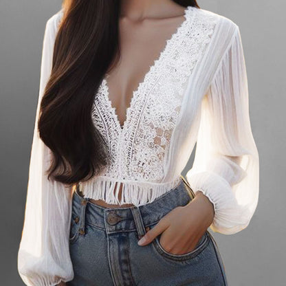 Casual Deep V Neck Puff Sleeve Lace Fringe Cropped Blouse