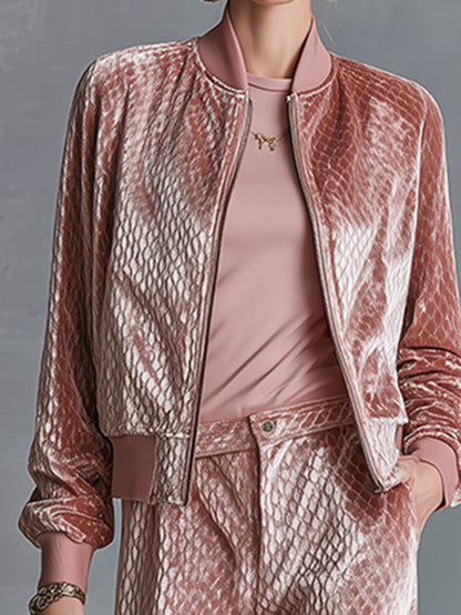 Casual And Elegant Dry Pink Textured Velvet Jacket And Wide-leg Pants Set
