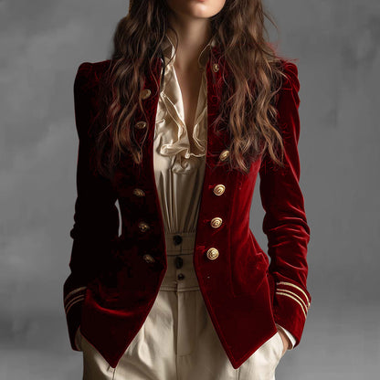 Formal Velvet Double Breasted Long Sleeve Striped Cuffs Jacket