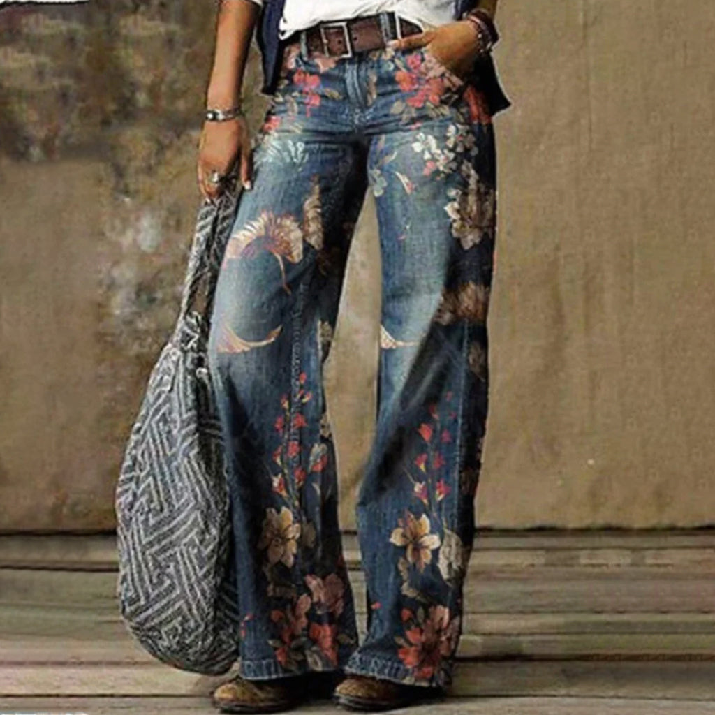 Boho Floral Pattern Hem Straight Leg Denim Jeans
